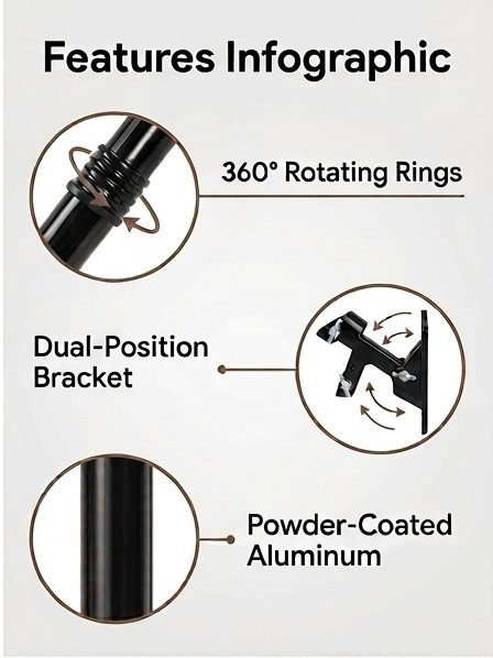 Features infographic showing rotating rings, dual-position bracket, and powder-coated aluminum