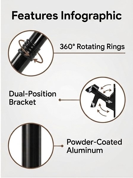 Features infographic showing rotating rings, dual-position bracket, and powder-coated aluminum